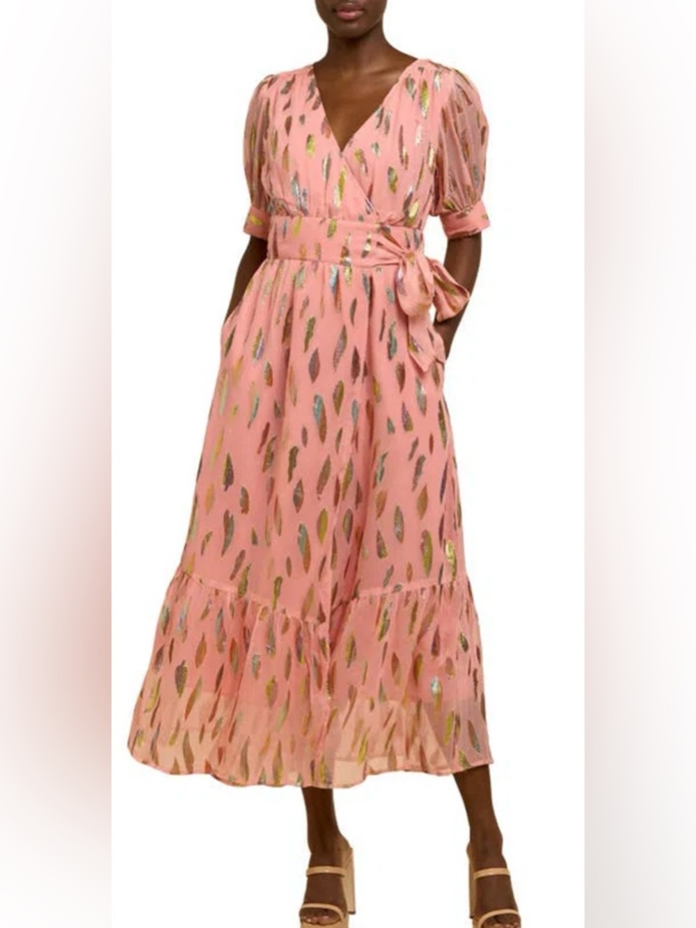 NWT Ciebon Pink Metallic Midi Dress Small Wrap Tie Waist Puff Sleeve